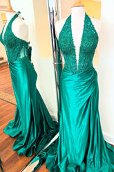 Custom made Green Halter Lace Prom Dress Mermaid V-Neck Mychicdress